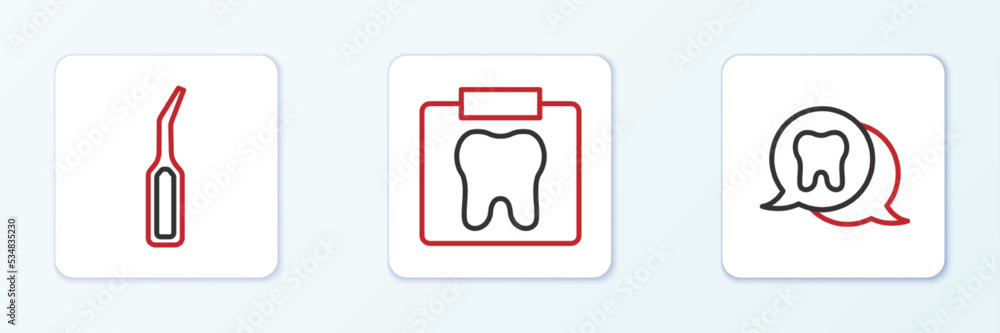 Set line Tooth, Dental explorer scaler and X-ray of tooth icon. Vector