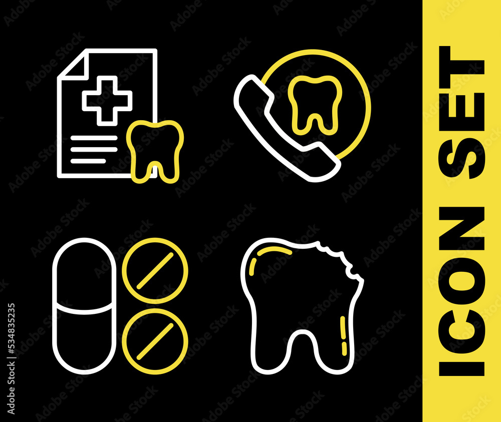 Set line Online dental care, Broken tooth, Painkiller tablet and Dental card icon. Vector Set line Online dental care, Broken tooth, Painkiller tablet and Dental card icon. Vector