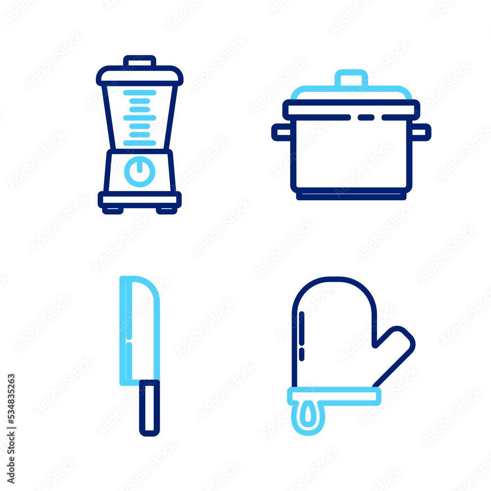Set line Oven glove, Knife, Cooking pot and Blender icon. Vector Set line Oven glove, Knife, Cooking pot and Blender icon. Vector
