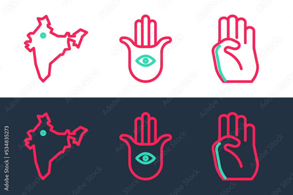 Set line Indian symbol hand, map and Hamsa icon. Vector Set line Indian symbol hand, map and Hamsa icon. Vector