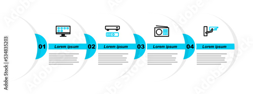 Set line Security camera, Radio, Multimedia and TV box and Smart Tv icon. Vector