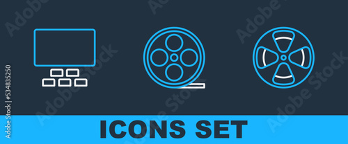 Set line Film reel, Cinema auditorium with seats and icon. Vector