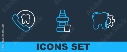 Set line Tooth treatment procedure, Online dental care and Mouthwash bottle icon. Vector