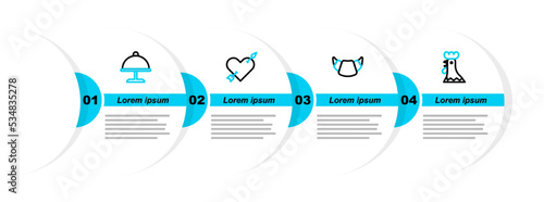 Set line French rooster, Croissant, Amour with heart and arrow and Covered tray icon. Vector