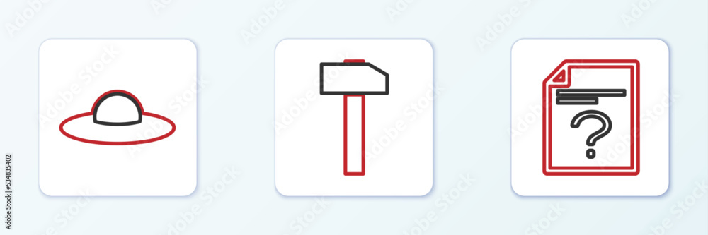 Set line Unknown document, UFO flying spaceship and Hammer icon. Vector Set line Unknown document, UFO flying spaceship and Hammer icon. Vector