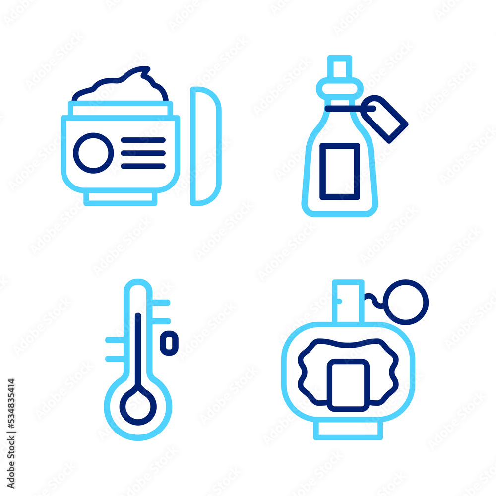 Set line Aftershave, Sauna thermometer, Essential oil bottle and Cream or lotion cosmetic tube icon. Vector Set line Aftershave, Sauna thermometer, Essential oil bottle and Cream or lotion cosmetic tube icon. Vector
