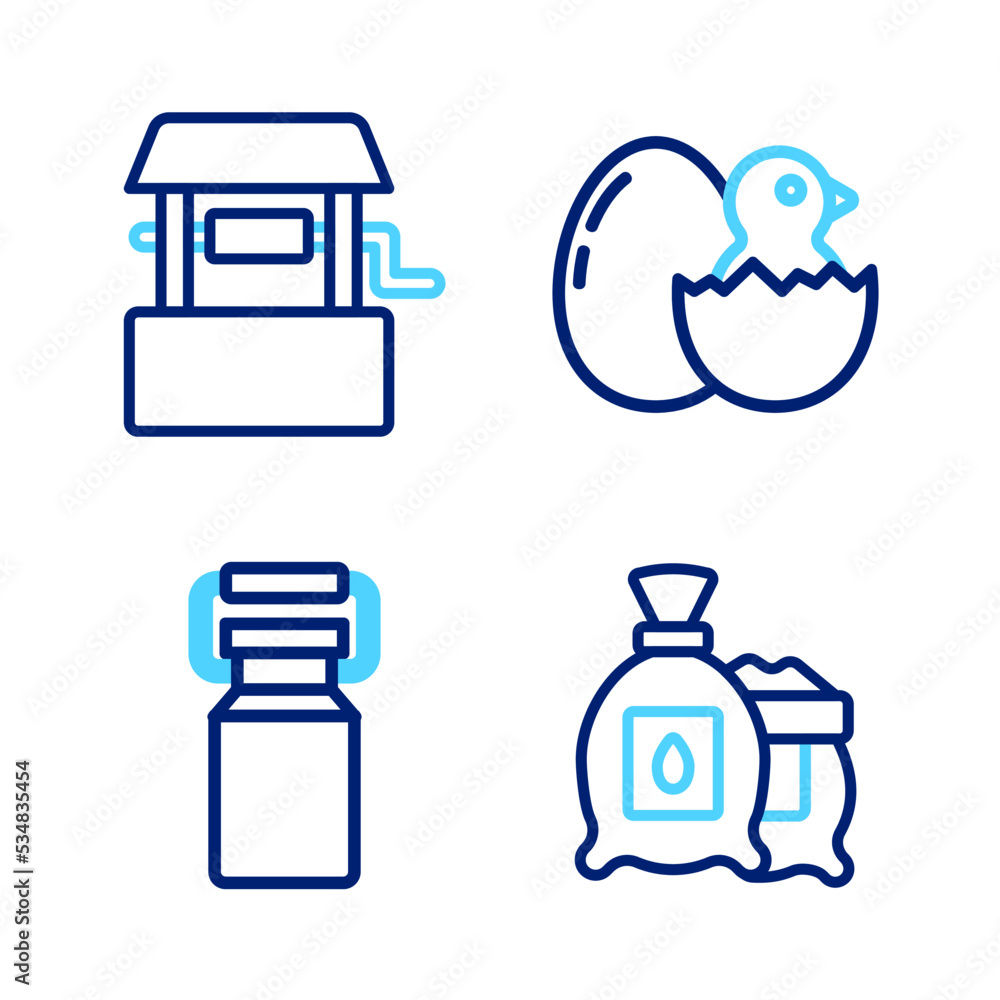 Set line Pack full of seeds of plant, Can container for milk, Little chick cracked egg and Well icon. Vector Set line Pack full of seeds of plant, Can container for milk, Little chick cracked egg and Well icon. Vector