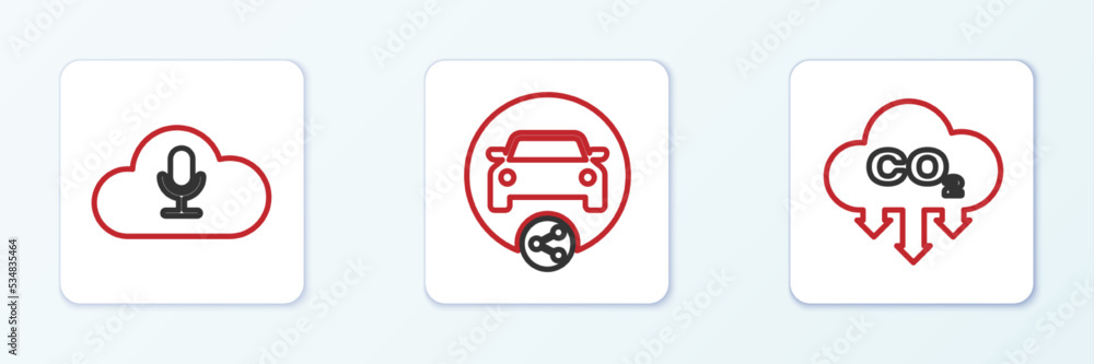 Set line CO2 emissions in cloud, Music streaming service and Car sharing icon. Vector Set line CO2 emissions in cloud, Music streaming service and Car sharing icon. Vector