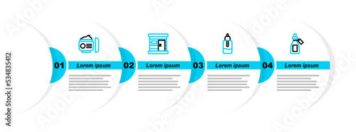 Set line Essential oil bottle, Sauna wooden bathhouse and Cream or lotion cosmetic tube icon. Vector