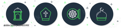 Set line Pope hat, Dharma wheel, Muslim Mosque and icon. Vector