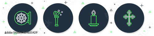 Set line Aspergillum, Burning candle, Dharma wheel and Christian cross icon. Vector