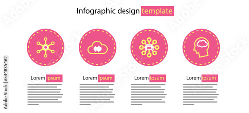 Set line Car sharing, Head silhouette with cloud, Music streaming service and Network icon. Vector
