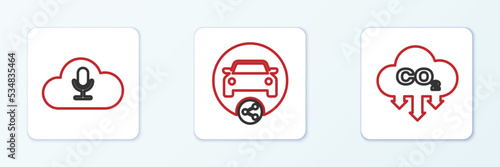 Set line CO2 emissions in cloud, Music streaming service and Car sharing icon. Vector
