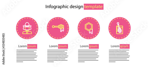 Set line Honeycomb, dipper stick, with honey and Beekeeper protect hat icon. Vector