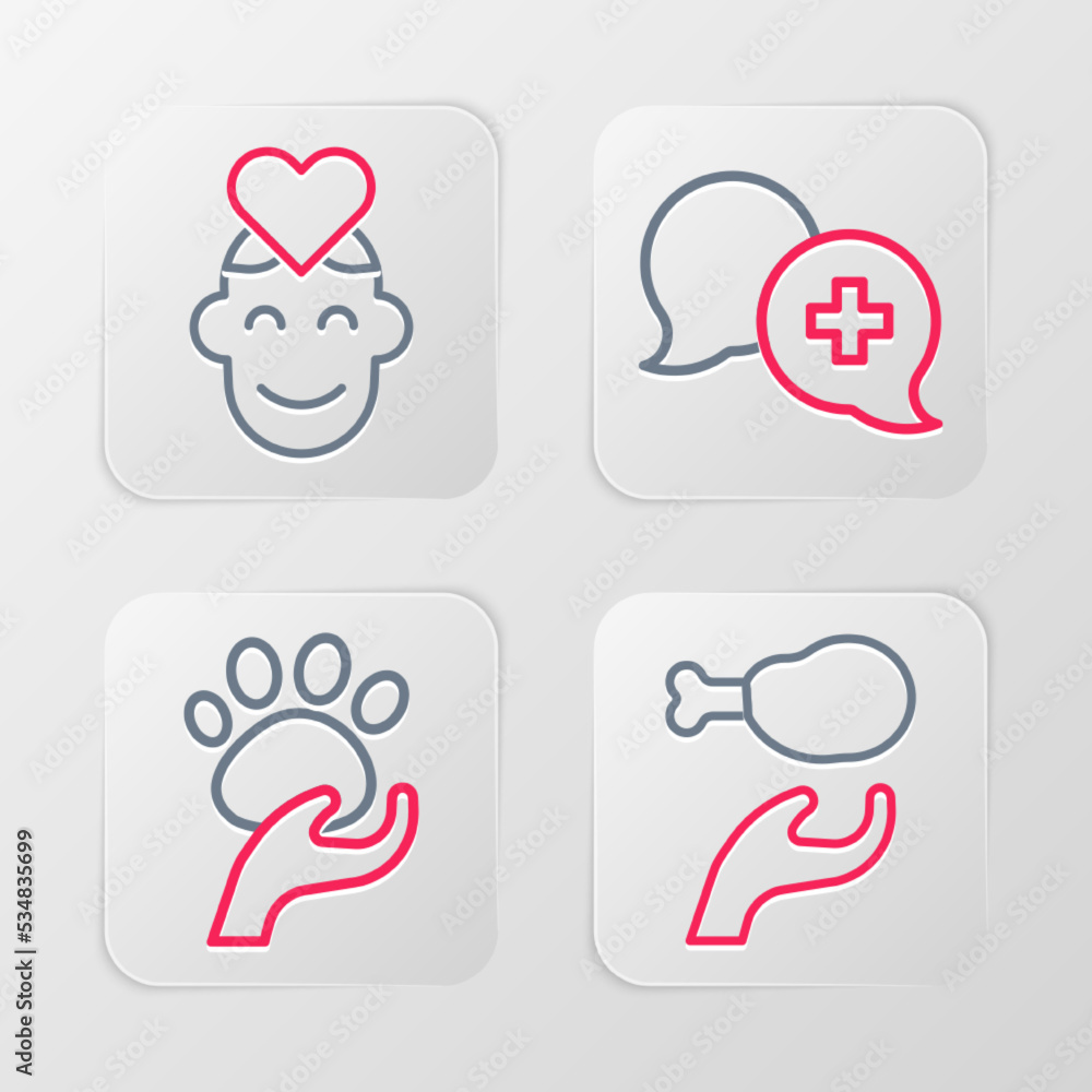 Set line Donation food, Animal volunteer, Dialogue with doctor and Volunteer icon. Vector Set line Donation food, Animal volunteer, Dialogue with doctor and Volunteer icon. Vector