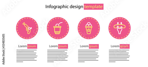 Set line Ice cream in waffle cone, Sausage the fork, Beer pong game and Vintage pistols icon. Vector