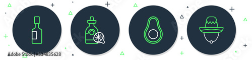 Set line Tequila bottle with lemon, Avocado fruit, Tabasco sauce and Mexican sombrero icon. Vector