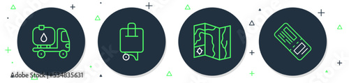 Set line Suitcase, World travel map, Fuel tanker truck and Airline ticket icon. Vector