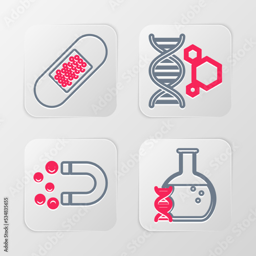 Set line DNA research, search, Magnet with money, Genetic engineering and Bandage plaster icon. Vector