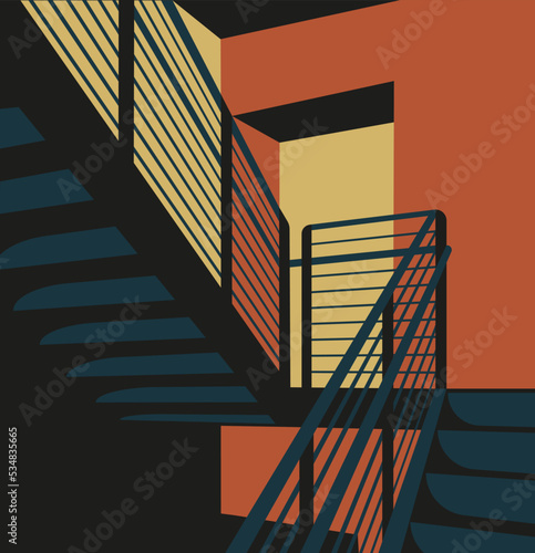Minimal geometric stairs, arches.
Abstract stairs, poster. Modern design, art print, minimal wall decor, vector. Futuristic illustration of a stairwell. The correct perspective is observed