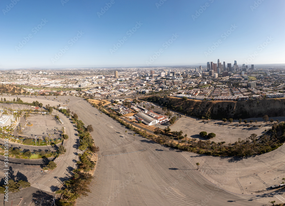 Aerial: panorama view of Los Angeles cityscape. Drone view