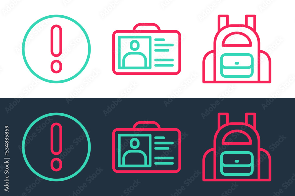 Set line School backpack, Speech bubble and Exclamation and Identification badge icon. Vector Set line School backpack, Speech bubble and Exclamation and Identification badge icon. Vector