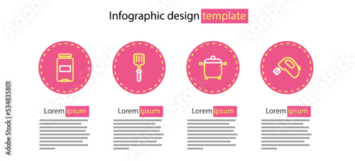 Set line Cooking pot, Electric mixer, Barbecue spatula and Jam jar icon. Vector