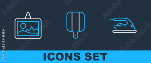 Set line Electric iron, Picture and Cutting board icon. Vector