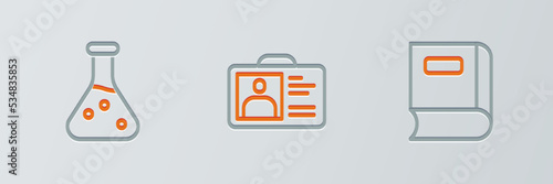 Set line Book, Test tube and Identification badge icon. Vector