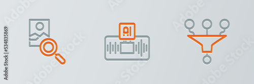 Set line Funnel or filter, Photo retouching and Artificial intelligence AI icon. Vector