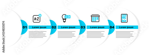 Set line Exam sheet, School timetable, Creative lamp light idea and Online translator icon. Vector