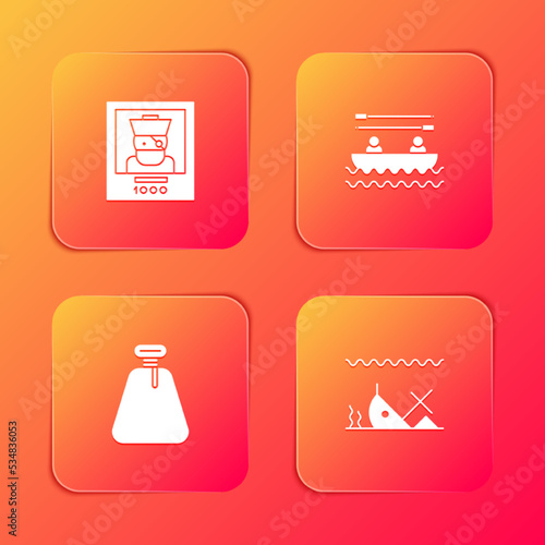 Set Wanted poster pirate, Boat with oars, Pirate sack and Sunken ship icon. Vector