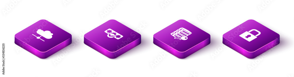 Set Isometric Network cloud connection, Password protection, Server security with key and Lock icon. Vector Set Isometric Network cloud connection, Password protection, Server security with key and Lock icon. Vector