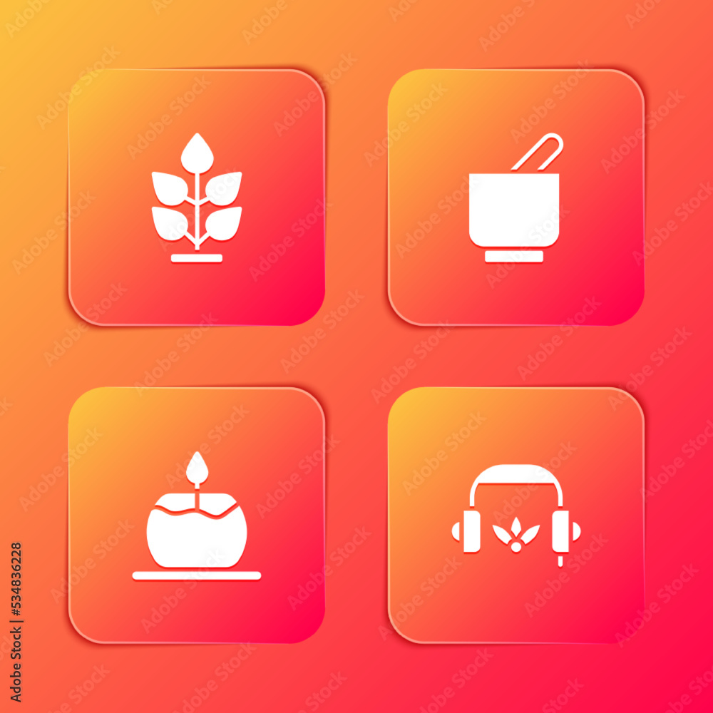 Set Plant, Mortar and pestle, Aroma candle and Headphones for meditation icon. Vector Set Plant, Mortar and pestle, Aroma candle and Headphones for meditation icon. Vector
