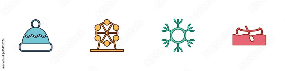 Set Beanie hat, Ferris wheel, Snowflake and Kayak or canoe icon. Vector Set Beanie hat, Ferris wheel, Snowflake and Kayak or canoe icon. Vector