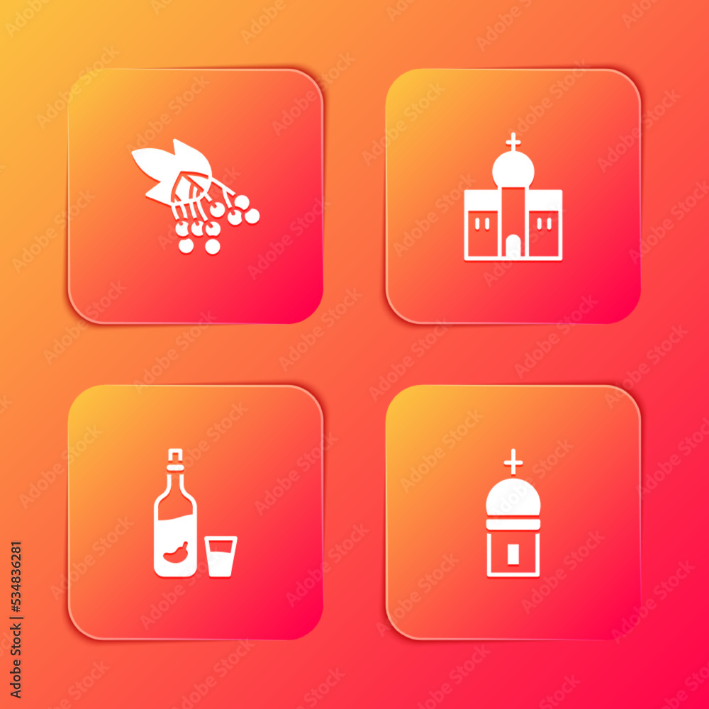 Set Branch viburnum, Church building, Vodka with pepper and glass and tower icon. Vector Set Branch viburnum, Church building, Vodka with pepper and glass and tower icon. Vector