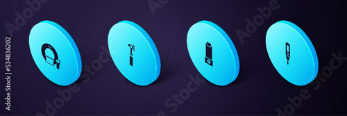 Set Isometric Medical digital thermometer, Inhaler, otoscope tool and Tomography icon. Vector