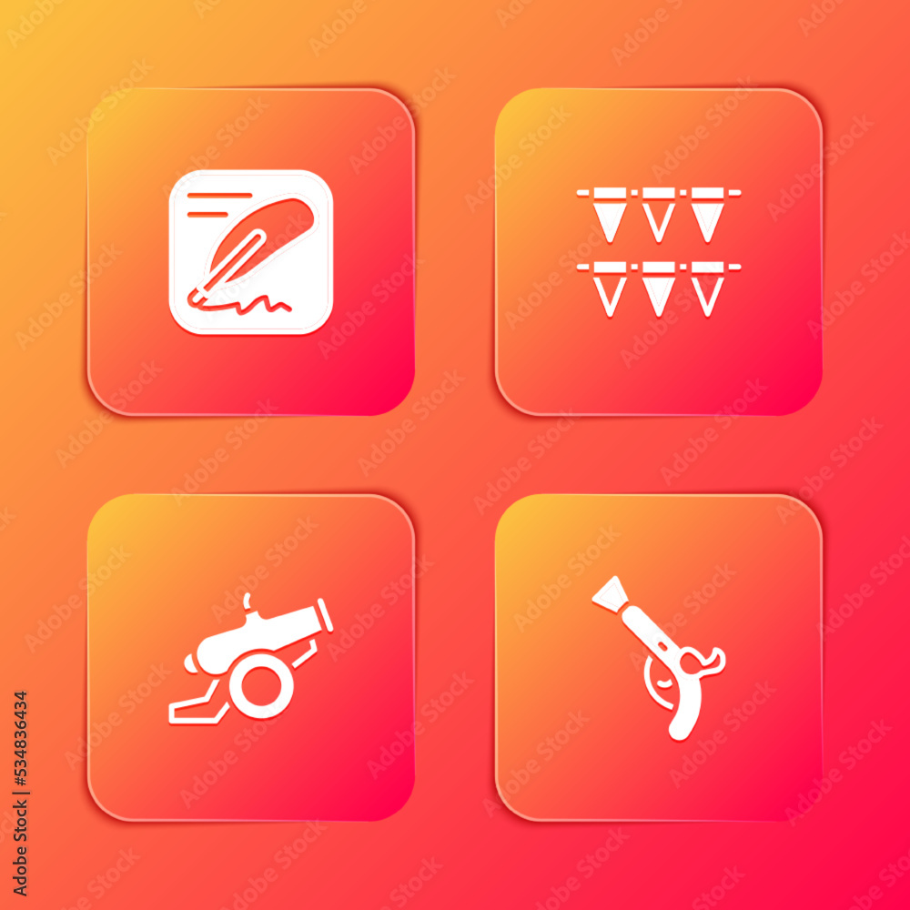 Set Declaration of independence, Carnival garland with flags, Cannon and Vintage pistols icon. Vector Set Declaration of independence, Carnival garland with flags, Cannon and Vintage pistols icon. Vector