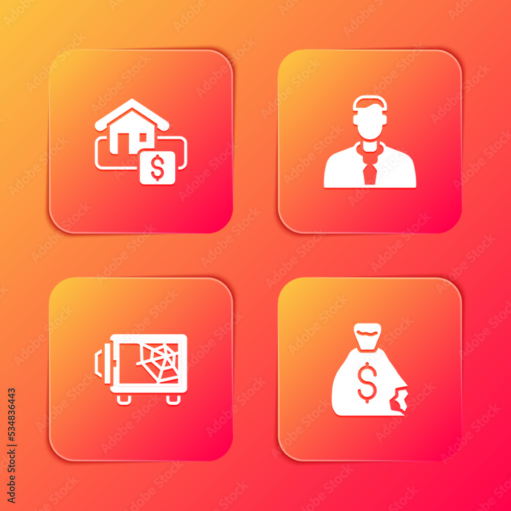 Set Hanging sign with Sale, Worker, Safe and Money bag icon. Vector Set Hanging sign with Sale, Worker, Safe and Money bag icon. Vector