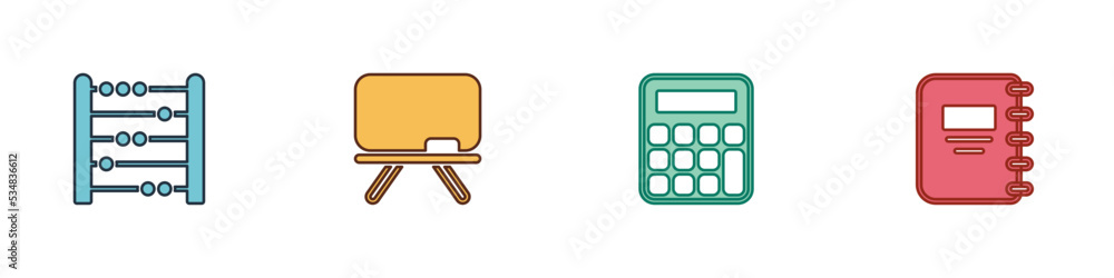 Set Abacus, Chalkboard, Calculator and Notebook icon. Vector Set Abacus, Chalkboard, Calculator and Notebook icon. Vector