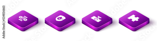 Set Isometric Hourglass and gear, Waterproof, Car DVR and Piece puzzle icon. Vector
