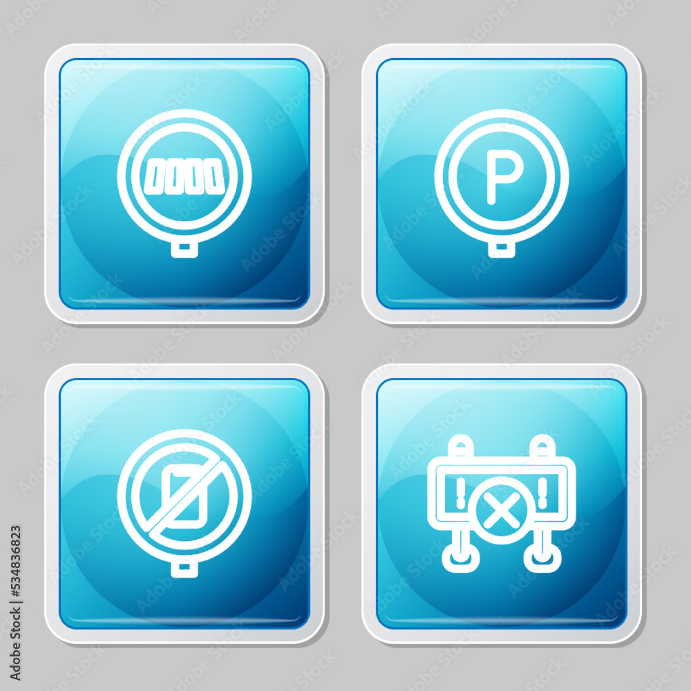 Set line Pedestrian crosswalk, Parking, No cell phone and Road barrier icon. Vector Set line Pedestrian crosswalk, Parking, No cell phone and Road barrier icon. Vector