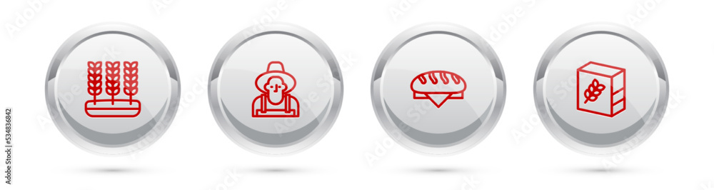 Set line Wheat, Farmer in the hat, Bread loaf and Flour pack. Silver circle button. Vector Set line Wheat, Farmer in the hat, Bread loaf and Flour pack. Silver circle button. Vector
