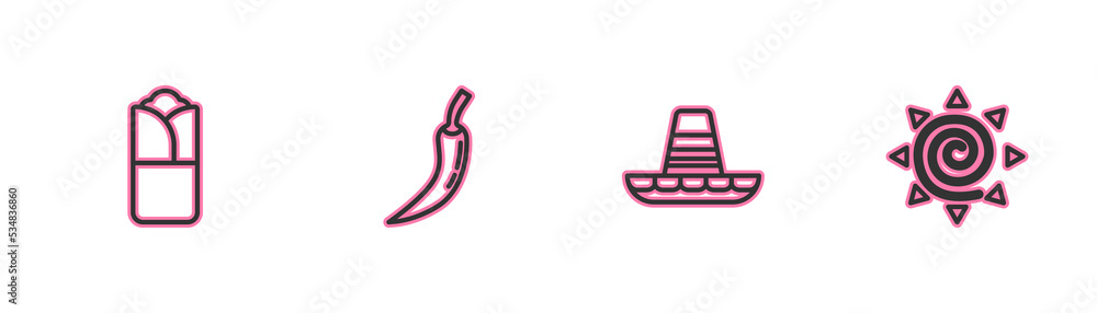 Set line Burrito, Mexican sombrero, Hot chili pepper pod and Sun icon. Vector Set line Burrito, Mexican sombrero, Hot chili pepper pod and Sun icon. Vector