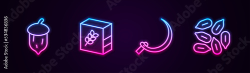 Set line Acorn, oak nut, seed, Flour pack, Sickle and Seed. Glowing neon icon. Vector