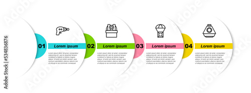 Set line Ray gun, Astronomical observatory, Box flying parachute and Space capsule. Business infographic template. Vector