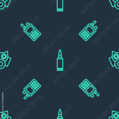 Set line Bullet, Walkie talkie and Gas mask on seamless pattern. Vector