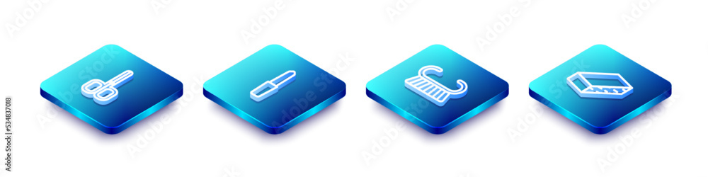 Set Isometric line Nail scissors, file, Pedicure brush grater and icon. Vector Set Isometric line Nail scissors, file, Pedicure brush grater and icon. Vector