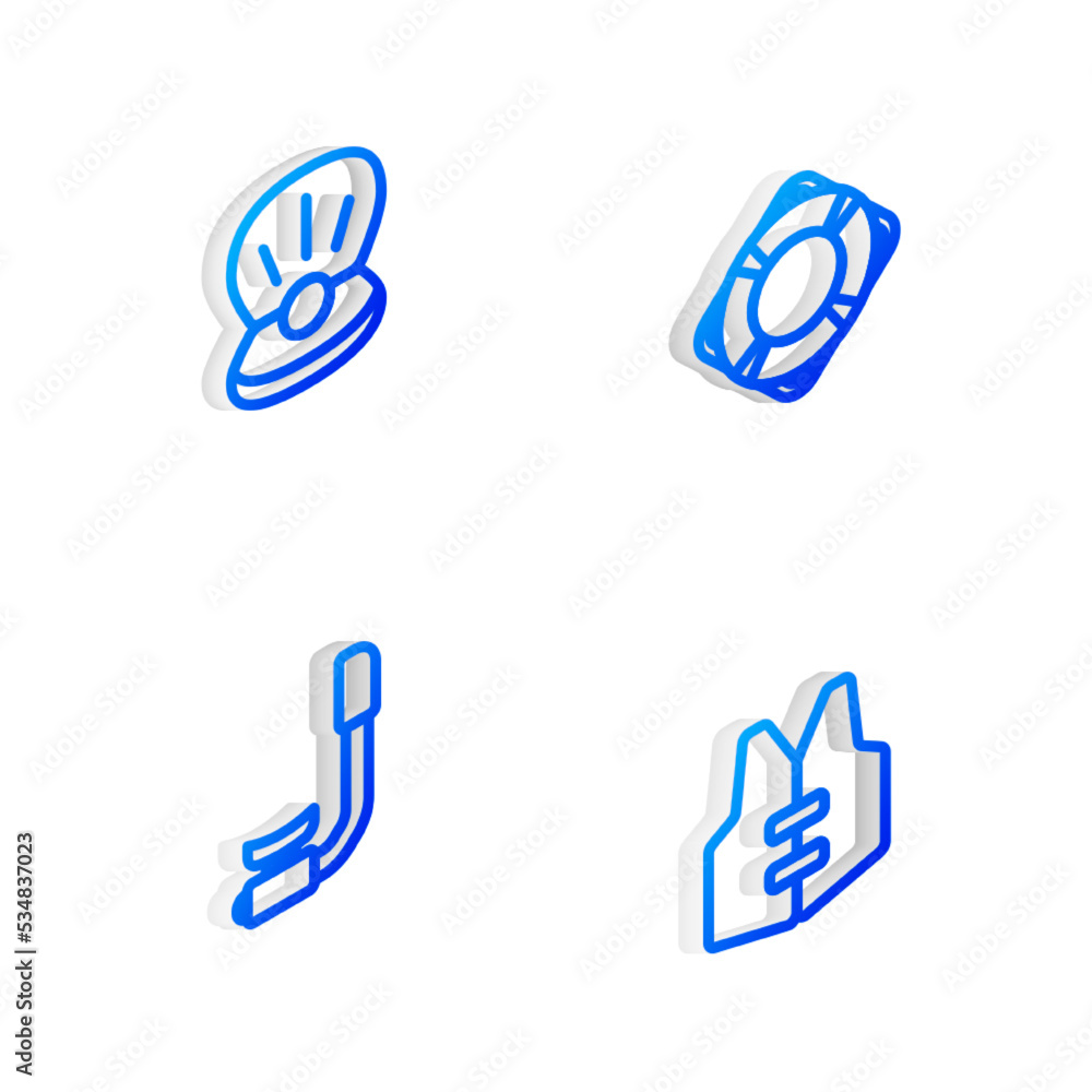 Set Isometric line Lifebuoy, Pearl, Snorkel and jacket icon. Vector Set Isometric line Lifebuoy, Pearl, Snorkel and jacket icon. Vector