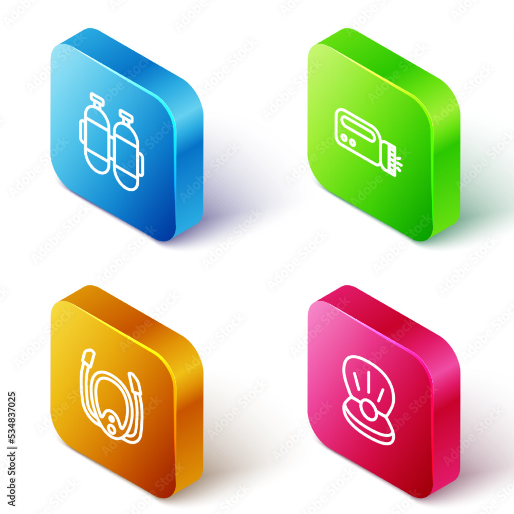 Set Isometric line Aqualung, Flashlight for diver, Diving mask with snorkel and Pearl icon. Vector Set Isometric line Aqualung, Flashlight for diver, Diving mask with snorkel and Pearl icon. Vector